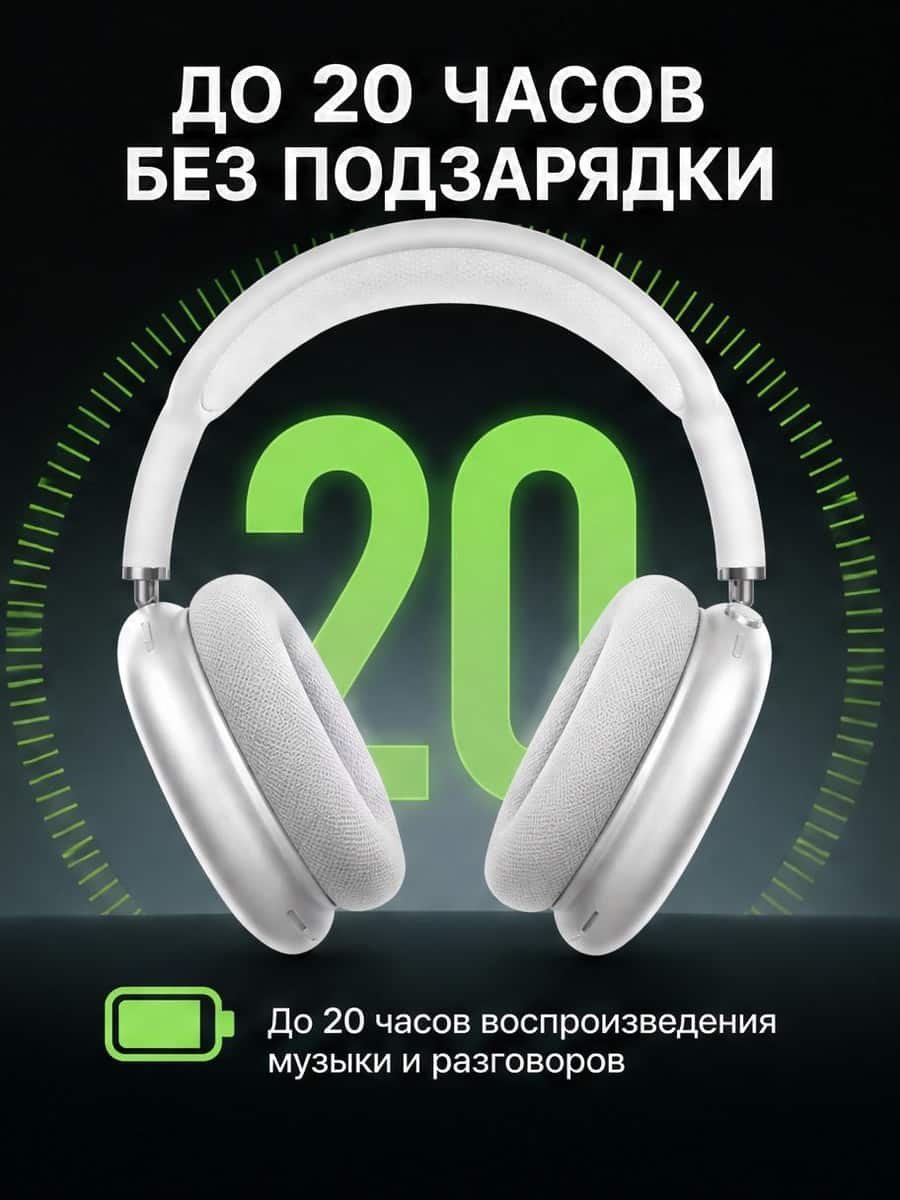 Карточка AirPods Max Silver про работу до 20 часов без подзарядки