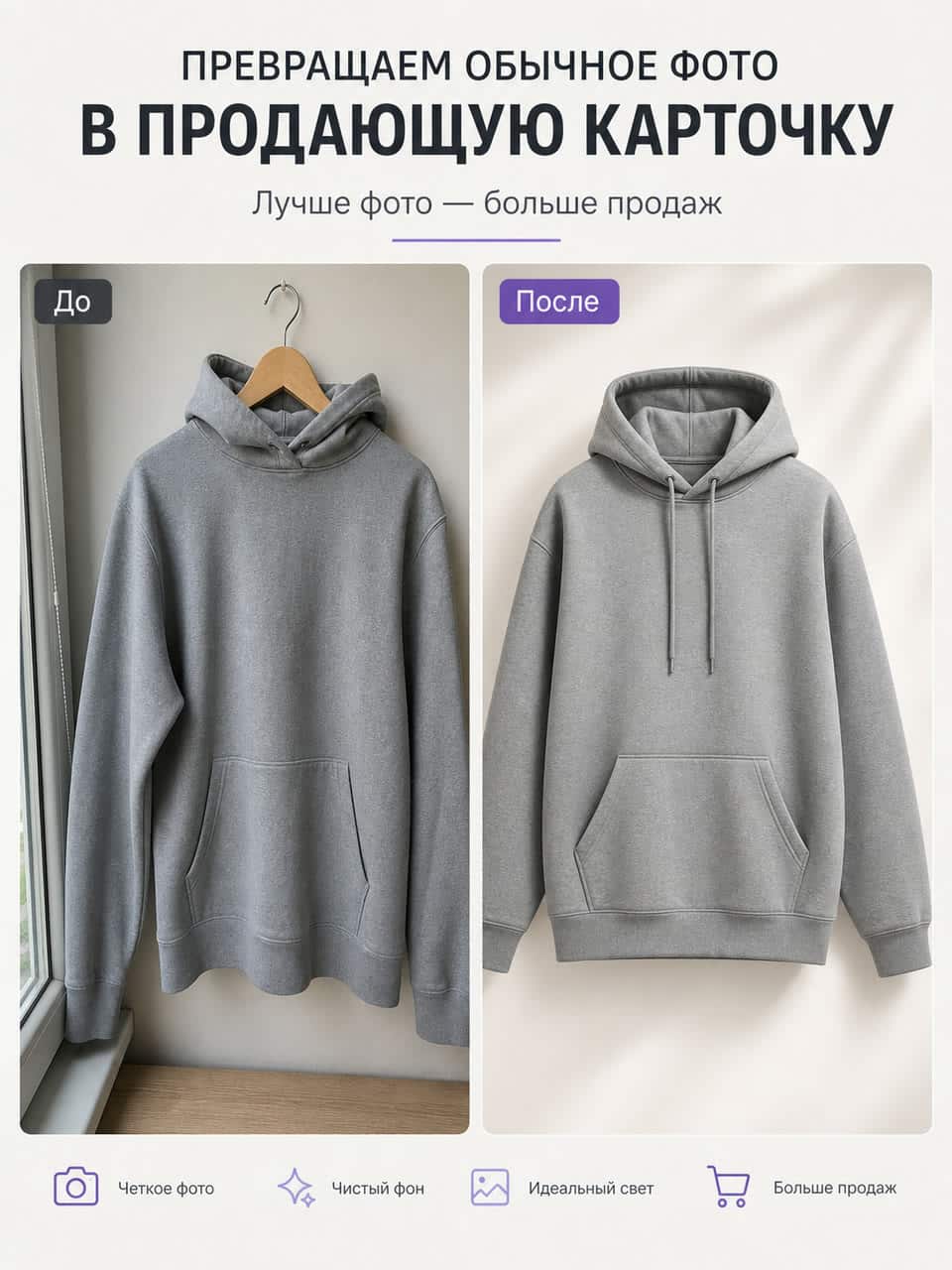 было/стало. Слева сырое фото серого худи на вешалке, справа готовая обложка из сервиса
