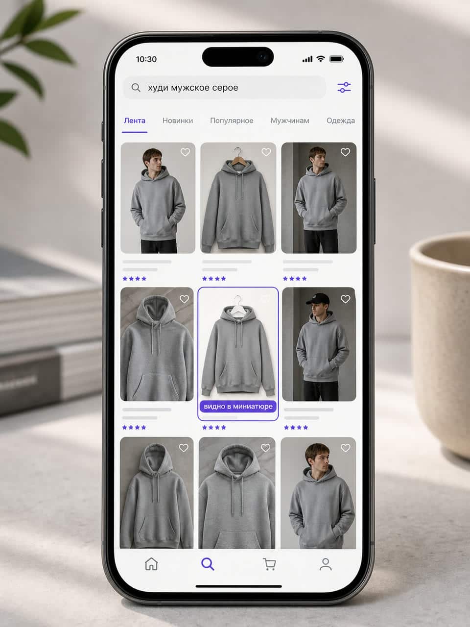 скриншот ленты WB на телефоне, ряды мелких карточек худи, одна выделяется чистым фоном
