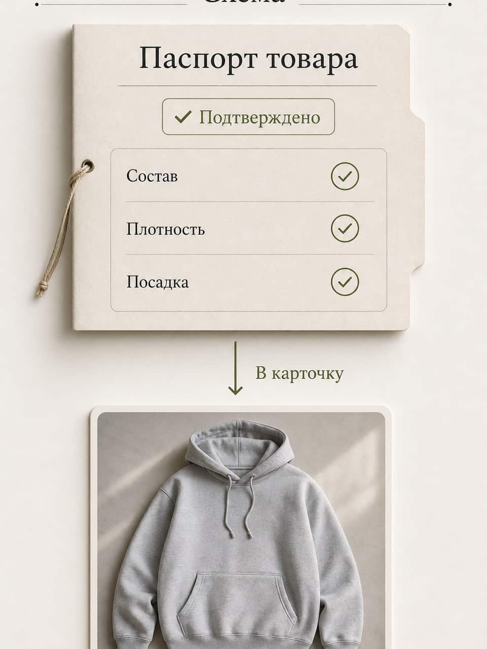 ] Она иногда мнёт мелкие детали. Молнию, шов, фактуру резинки. На крупном плане это заметно, проверяй каждый такой слайд. Она не чувствует твою нишу. Не знает, что твой покупатель смотрит на карман для телефона. Смысловые акценты расставляешь ты сам. Слабое исходное фото повышает риск неточного результата. Мутный кадр и неверный цвет света усложняют проверку формы, оттенка и деталей товара. ## Как не соврать на карточке: паспорт товара Это главный пункт. Разберём отдельно. Проблема простая. Нейросеть может выдумать состав, плотность, уход или размерную сетку. Если неподтверждённый факт уйдёт на карточку, покупатель получит недостоверную информацию. В Инфографове для этого сделан паспорт товара. Ты сам подтверждаешь факты, которые разрешено использовать при сборке карточки. [ФОТО →