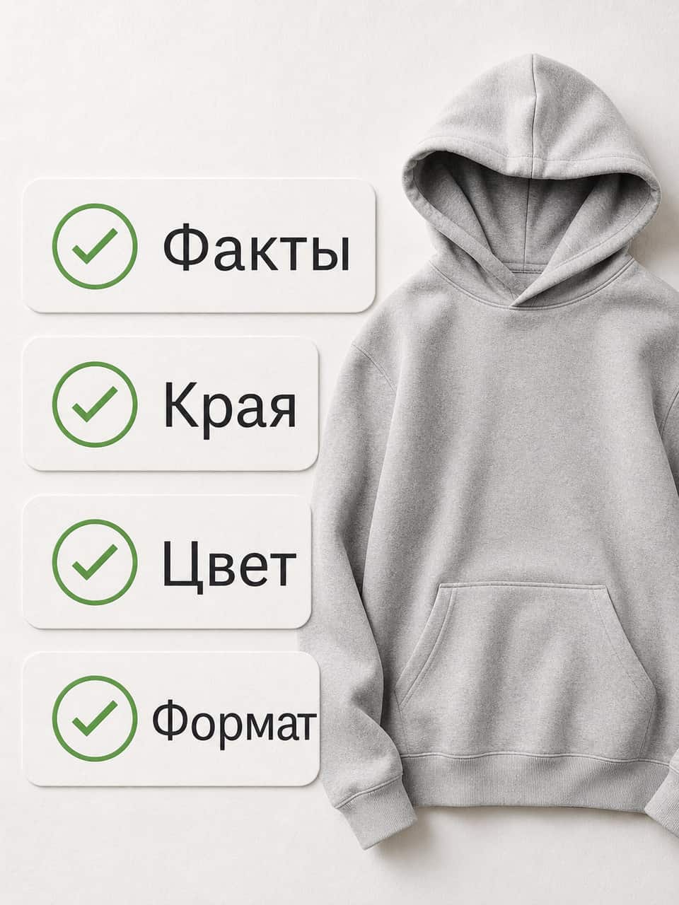 ] Потом картинка. Проверь края товара, нет ли обрезанной резинки. Посмотри на крупные детали, не поплыла ли молния. Глянь цвет, серый должен остаться серым, а не уйти в синеву. Потом текст глазами. Опечатки, кривые переносы, обрезанные слова. Заголовок читается с первого взгляда. Потом размер и формат. Инфографов экспортирует все карточки в 3 на 4, 900 на 1200. Обложка должна читаться в маленьком превью, не только на большом экране. Перед публикацией отдельно проверь требования выбранной площадки. И последнее, здравый смысл. Понятно ли по карточке, что продаётся и какие факты подтверждены. Если что-то смущает, переделай слайд и проверь заново. ## Сколько это стоит При регистрации начисляется приветственный бонус 70 токенов. Карту вводить не надо. Этого хватает на один набор из шести карточек и на проверку сервиса на своём товаре. После бонуса набор стоит 70 токенов. Эквивалент от 146 рублей получается только при минимальной цене токена на тарифе «Компания». Перегенерация одного уже созданного кадра стоит 30 токенов. Новый слайд эта операция не добавляет. SEO-описание из паспорта сейчас стоит 0 токенов. Видеообложка доступна как отдельный формат генерации. Её размещение и технические требования нужно сверять со справкой выбранной площадки. Автоматической публикации нет. Сначала смотришь итог и явно подтверждаешь действие. В подключённый магазин WB карточки можно отправить по кнопке после предпросмотра и подтверждения. Для Ozon и Яндекс Маркета готовые файлы пока скачиваешь и загружаешь вручную. ## С чего начать прямо сейчас Собери нормальные фото. Товар на однотонном фоне, ровный дневной свет, без жёлтого. Сделай кадр спереди, сзади, пару крупных деталей. Заполни паспорт товара сразу и честно. Это источник фактов для карточек и описания. Перед генерацией сверь его с маркировкой, документами и реальными характеристиками товара. Используй 70 приветственных токенов на первый набор. Посмотри на обложку и слайды трезвым взглядом. Сверь с чек-листом выше. Переделай то, что не нравится. Количество итераций выбирай по качеству результата и расходу токенов. Останавливайся только после проверки фактов, изображения и требований площадки. Рядом по теме: (/solutions/infografika-dlya-marketplejsov), (/solutions/generator-kartochek-dlya-marketplejsov) и (/formats/pasport-tovara). ## Частые вопросы **Нейросеть сама придумает текст для слайдов?** Сервис может предложить часть подписей по фото и категории. Факты про товар бери только из подтверждённого паспорта, а каждый предложенный текст проверяй перед публикацией. **А если нейросеть наврёт про состав?** Поэтому и сделан паспорт товара. Подтверждённые состав и размеры должны поступать из него. Сравни итоговый текст с паспортом и не публикуй факт, которого там нет. **Сколько фото нужно загрузить?** Набор ракурсов зависит от товара и выбранного сценария. Для карточек полезно подготовить общий вид и важные детали. Для отдельного сценария Фотостудии может быть достаточно одного чистого кадра, но результат всё равно нужно сверить с товаром. **Это правда бесплатно на старте?** Да. При регистрации начисляется 70 бонусных токенов без привязки карты, этого хватает на набор из 6 карточек. После бонуса набор стоит 70 токенов; эквивалент от 146 рублей доступен при минимальной цене токена на тарифе «Компания». Перегенерация одного кадра стоит 30 токенов. **Карточки сами уйдут на маркетплейс?** Нет. Публикация запускается только после твоего явного подтверждения. Для подключённого WB есть отправка по кнопке, для Ozon и Яндекс Маркета пока нужны скачивание и ручная загрузка. **Нейросеть заменит дизайнера полностью?** Не всегда. Генерация может взять на себя часть типовой сборки, но сложная брендовая вёрстка и нестандартная арт-дирекция могут потребовать дизайнера. Срок и стоимость сравнивай на своей задаче. **Поможет, если товар слабый?** Нет. Красивая карточка не чинит плохой пошив и завышенную цену. Инструмент показывает товар, а не переделывает его. ## Короткий итог Инфографика нейросетью формирует вариант набора из 6 карточек на основе твоих фото, с экспортом Инфографова 3 на 4. Генерацию можно использовать вместо части ручной сборки, но она не гарантирует ровный стиль или отсутствие артефактов. Факты проверяешь сам, а паспорт товара задаёт подтверждённый источник состава и размеров. После проверки выбираешь способ публикации и явно подтверждаешь действие. [КНОПКА: Проверить нейросеть на своём товаре → /signup