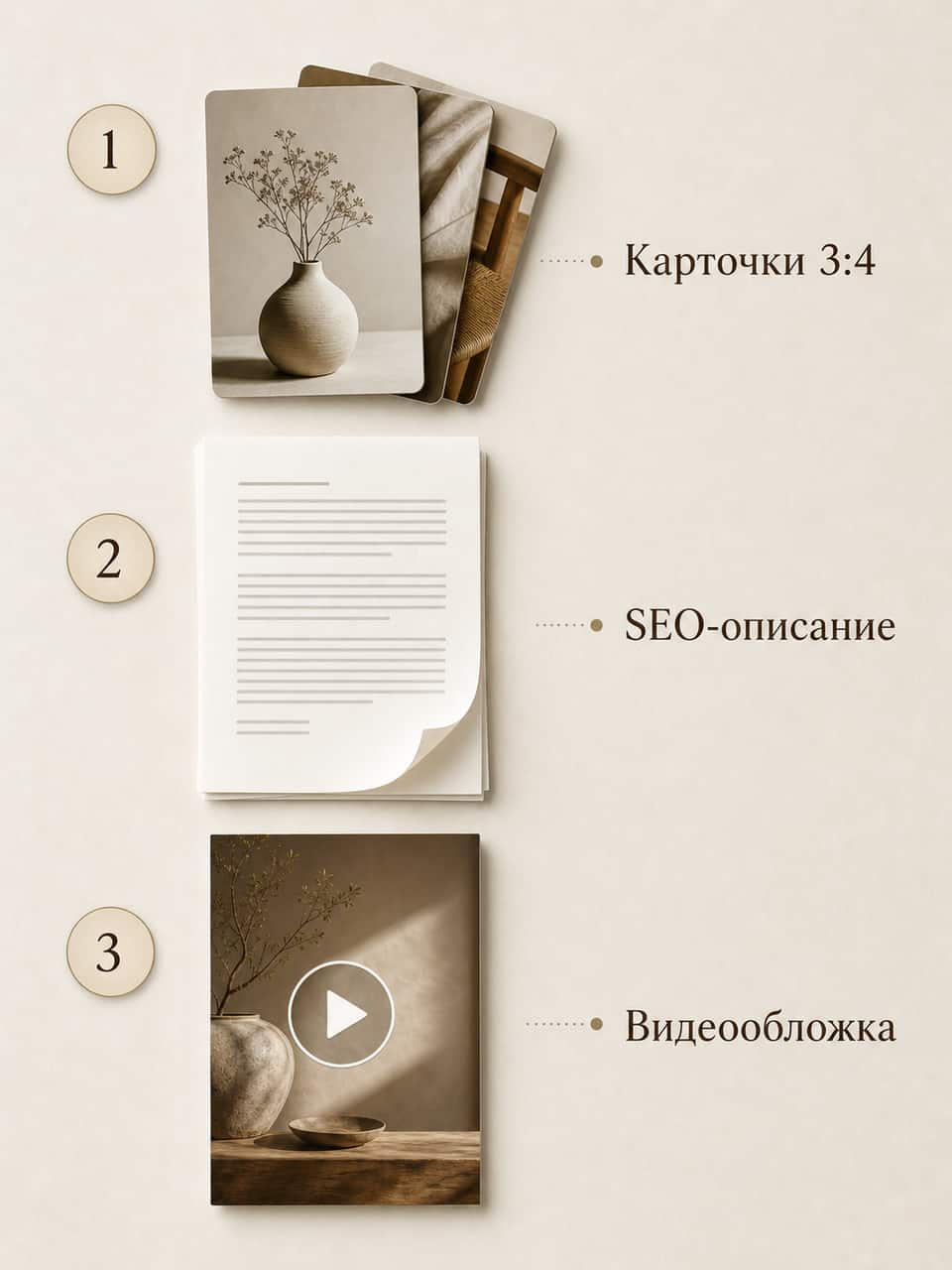 ] Последнюю карточку можно использовать для ответа на частый вопрос покупателя. Например, показать подтверждённые правила стирки и ухода. Единый стиль по всем шести это важно. Один шрифт, одна палитра, один ритм. Карточки выглядят как одна серия, а не сборная солянка. ## Форматы на выходе и что ещё можно собрать Базовый экспорт Инфографова: карточки 3 на 4, 900 на 1200 пикселей. У площадок свои допустимые размеры и правила показа, поэтому перед загрузкой проверь справку конкретного маркетплейса. SEO-описание сейчас стоит 0 токенов. Перед переносом в поле описания сверь факты, формулировки и требования площадки. Видеообложка идёт отдельным форматом. Её размещение, допустимый формат и фактический эффект нужно проверять для конкретной площадки и карточки. [ФОТО →