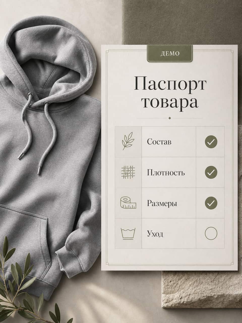 ] ## Шаг 1. Собери фото товара Начни с нормальных фотографий. Нужен товар на светлом фоне, без мусора в кадре и без пересветов. Сними спереди, сзади и пару деталей: капюшон, манжеты, шов, бирку. Если снимаешь худи, положи его ровно или надень на модель. Разложи так, чтобы был виден крой. Чем чище исходники, тем лучше выйдет итоговый слайд. Совет по количеству. Хватит 4-6 кадров одного товара. Один общий план, остальные детали. Позже из этого соберётся весь набор. Если своих фото на модели нет, их можно сгенерировать. В Фотостудии Инфографова из плоского фото делаются кадры на модели, раскладки, детали, вид на манекене и ретушь. Это отдельный инструмент, пригодится, когда физической съёмки нет. ## Шаг 2. Собери факты по товару (паспорт) Прежде чем рисовать слайды, выпиши всё про товар на бумагу или в заметку. Это и есть паспорт товара. Что записать по худи: 1. Состав ткани и плотность. 2. Размеры и посадка (оверсайз, классика). 3. Уход: как стирать, можно ли сушилку. 4. Особенности: карман-кенгуру, двойной капюшон, тип швов. 5. Для кого и под что носить. Правило простое. На карточку идёт только то, что можешь подтвердить. Не знаешь точную плотность ткани, не пиши цифру наугад. В Инфографове ты подтверждаешь факты по товару в паспорте. Он служит источником характеристик, а после генерации каждую подпись нужно сравнить с подтверждёнными данными. [ФОТО →