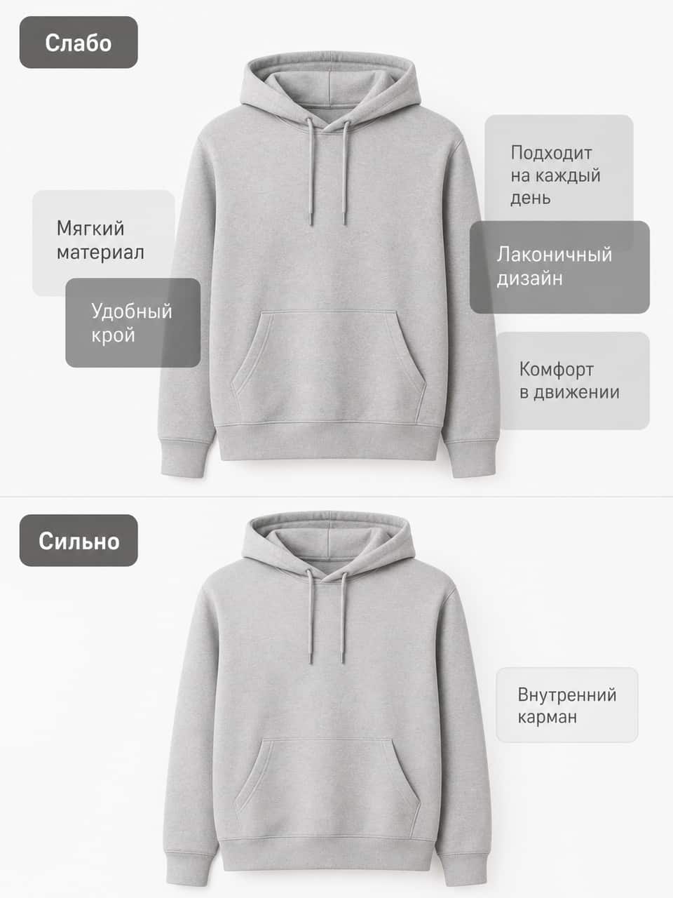 ] Давай разберу это на серой худи. Обычная мужская худи, серый меланж, начёс внутри. Товар простой, и именно на простом видно разницу между сильной и слабой подачей. ## Пара первая: обложка Обложка: первый кадр в выдаче и первое визуальное представление товара. Её реальное влияние на клики можно оценить только по данным карточки или тесту вариантов. Плохо: худи лежит скомканной на пёстром ковре, сверху жёлтая плашка «ХИТ ПРОДАЖ 2026», в углу красный кружок «-50%», ещё лента «NEW». Три акцента дерутся между собой. Товар теряется, глаз цепляется за плашки, а не за худи. Хорошо: худи на модели, ровный светлый фон, парень стоит спокойно, руки в карманах. Сверху одна короткая надпись «Плотность 340 г/м²». Всё. Товар занимает большую часть кадра, а акценты легко различить в превью. [ФОТО →