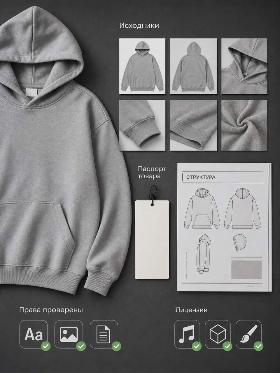 ] ## Сначала определи задачу инфографики Фраза «сделай красиво» не является брифом. Исполнитель должен понимать, что именно нужно изменить в восприятии карточки. Например, показать посадку худи, объяснить плотность материала, снять вопрос по размерам или собрать единый вид для линейки цветов. Запиши одну главную задачу комплекта и по одной задаче для каждого кадра. Если один слайд одновременно рассказывает о составе, уходе, доставке и скидке, проблема появилась ещё до дизайна. Укажи площадку и категорию товара. Один и тот же макет нельзя без проверки переносить между WB, Ozon и Яндекс Маркетом. У них различаются требования к основному изображению, допустимому тексту и техническим параметрам файлов. ## Подготовь пакет исходников Хороший бриф начинается с папки, в которой нет загадок. Положи туда оригинальные фото товара без сжатия из мессенджера, логотип бренда в векторе, фирменные цвета, разрешённые шрифты и примеры текущей карточки. Для одежды нужны общий вид спереди и сзади, детали ткани, швы, капюшон, манжеты и кадр на модели, если он есть. Подпиши файлы понятно. Исполнителю не надо угадывать, где лицевая сторона и какой цвет является эталонным. Отдельно приложи паспорт товара. В нём должны быть только проверенные факты: название, состав, плотность с единицей измерения, размеры, посадка, комплектация и уход. Если данных нет, оставь поле пустым и пометь его как блокирующее. Не проси дизайнера или модель дописать характеристику по фотографии. Проверь права на каждый исходник. Фото из карточки конкурента, случайная иконка из поиска и шрифт без коммерческой лицензии создают риск уже после оплаты работы. В брифе укажи, какие материалы принадлежат тебе, какие куплены по лицензии и какие запрещено использовать. [ФОТО →