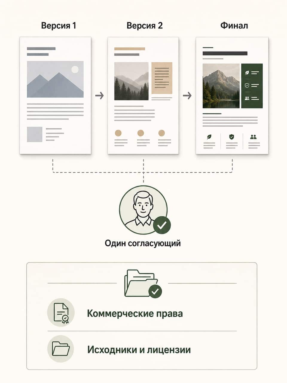 ] ## Зафиксируй результат и правила правок До начала работы перечисли, что считается готовым результатом. Нужны финальные JPG или PNG, размеры файлов, превью всего комплекта и исходники, если они входят в договорённость. Для ручного дизайна отдельно укажи Figma-файл или другой редактируемый формат, структуру слоёв и способ передачи компонентов. Согласуй число итераций. Одна итерация должна означать один собранный список замечаний, а не бесконечную цепочку сообщений. Раздели исправления ошибки и изменение направления. Опечатка, неверный факт или пропавший элемент исправляются как дефект. Новый стиль после утверждения концепции является новой задачей. Запиши, кто принимает работу. Если решения дают сразу несколько людей, назначь одного владельца финального комментария. Иначе дизайнер получает взаимоисключающие указания, а версия макета перестаёт быть понятной. Права на результат тоже фиксируются заранее. Уточни право коммерческого использования, возможность редактирования, передачу исходников и ограничения лицензий на фото, иконки и шрифты. Сам факт оплаты не всегда означает передачу всех исключительных прав. [ФОТО →