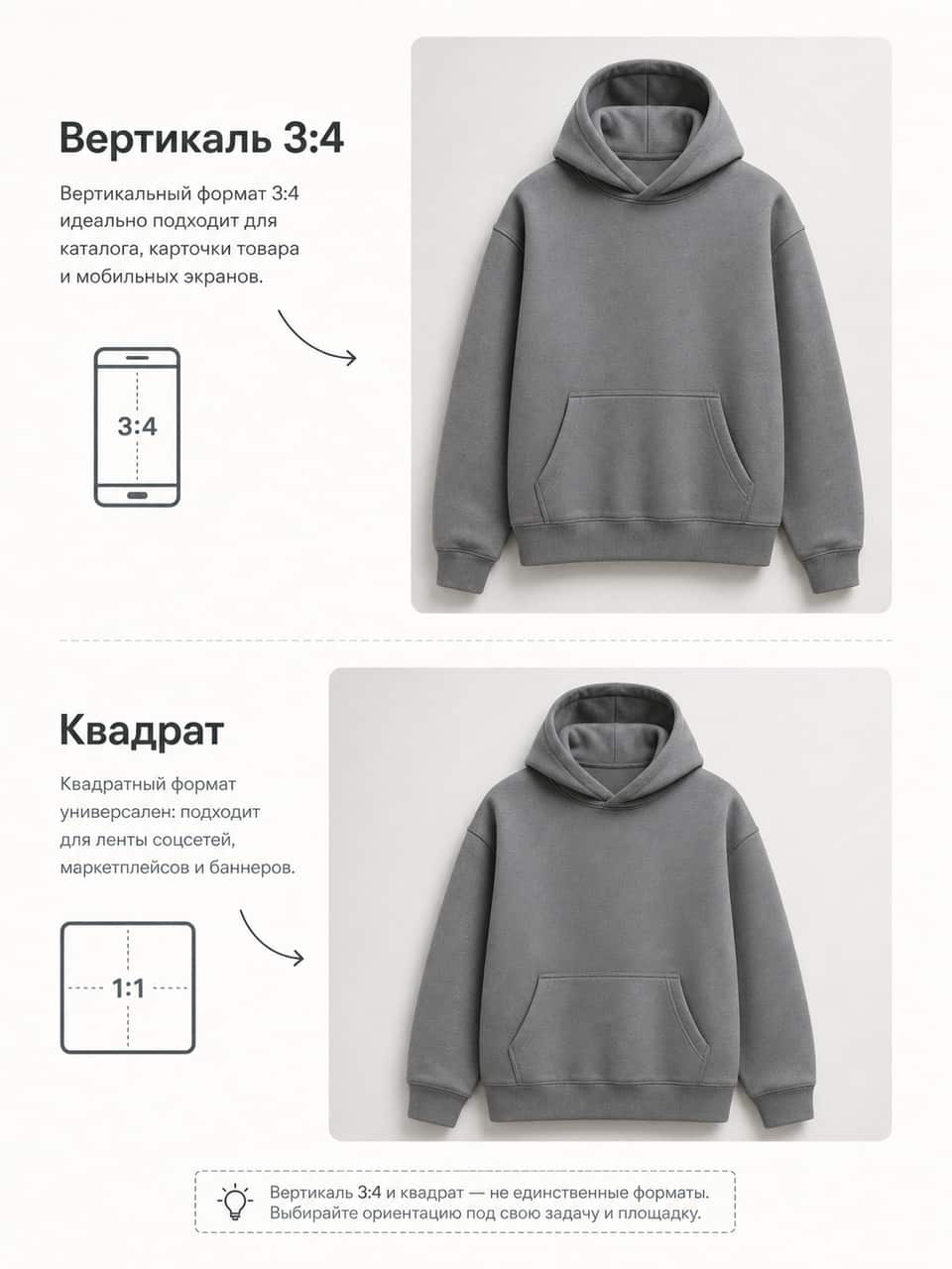 ] ## Почему размер вообще важен Ты грузишь картинку в карточку, а площадка показывает её в своей сетке и может адаптировать превью. Если композиция не учитывает этот показ, товар или подпись могут оказаться слишком мелкими либо попасть близко к краю. Заголовок уползёт за край. Важная надпись про состав пропадёт. Покупатель увидит кашу и пролистнёт дальше. Правильный размер снижает риск проблем с загрузкой и превью. Но одной версии «для всех» нет, результат нужно проверять на каждой площадке отдельно. Ещё момент. Мелкая картинка на большом экране выглядит мыльной. Крупная и чёткая держит вид даже в зуме. Поэтому лучше делать с запасом по разрешению. ## Соотношение сторон и размер простыми словами Соотношение сторон это форма картинки. Не путай с весом файла и пикселями. Вертикаль 3 на 4: рабочий формат экспорта Инфографова. Яндекс Маркет адаптирует изображения на витрине к 3 на 4, но это не означает, что все площадки требуют один и тот же исходный размер. Инфографов отдаёт результат 900 на 1200 пикселей. Если готовишь файл другим способом, выбирай размер по актуальной справке площадки и проверяй качество в её превью. Важно. Допустимые размеры, форматы и ограничения у площадок разные и могут обновляться. Ниже даю проверенные на 10 июля 2026 года сведения и ссылки на первоисточники. Перед публикацией открой их ещё раз. [ФОТО →