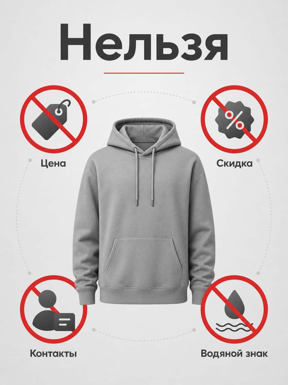 ] Товар на главном фото должен быть показан целиком с очевидного ракурса и занимать не меньше двух третей кадра. Этикетка или отдельная деталь не должны заменять главное изображение товара. Обязательного светло-серого фона в справке нет. Белый или прозрачный фон предпочтителен, но допустим и другой, если он не мешает рассмотреть товар. Для серого худи выбирай контрастный фон, чтобы края не сливались. ## Что нельзя ставить на изображения Тут у Маркета жёсткая позиция. Логотип магазина ставить нельзя. Логотип маркетплейса тоже нельзя. А вот логотип бренда товара разрешён. Запрещена реклама на картинке. Нельзя водяные знаки, ценники и сведения о скидках. Нельзя контакты, информацию о доставке и ссылки на сторонние ресурсы. [ФОТО →