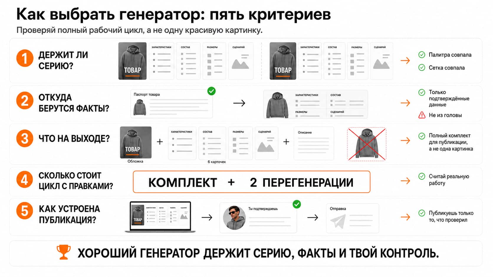 пять критериев выбора — серия, источник фактов, полный результат, цена цикла с правками и публикация после подтверждения
