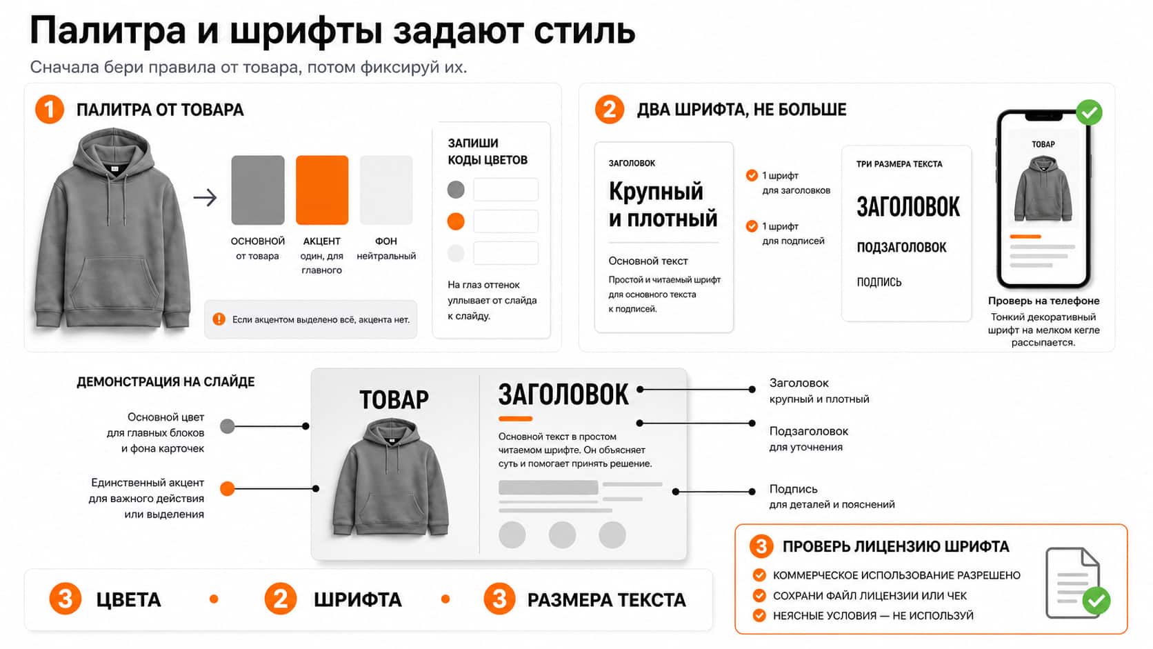 палитра, заголовочный и текстовый шрифты, размеры текста и напоминание проверить коммерческую лицензию
