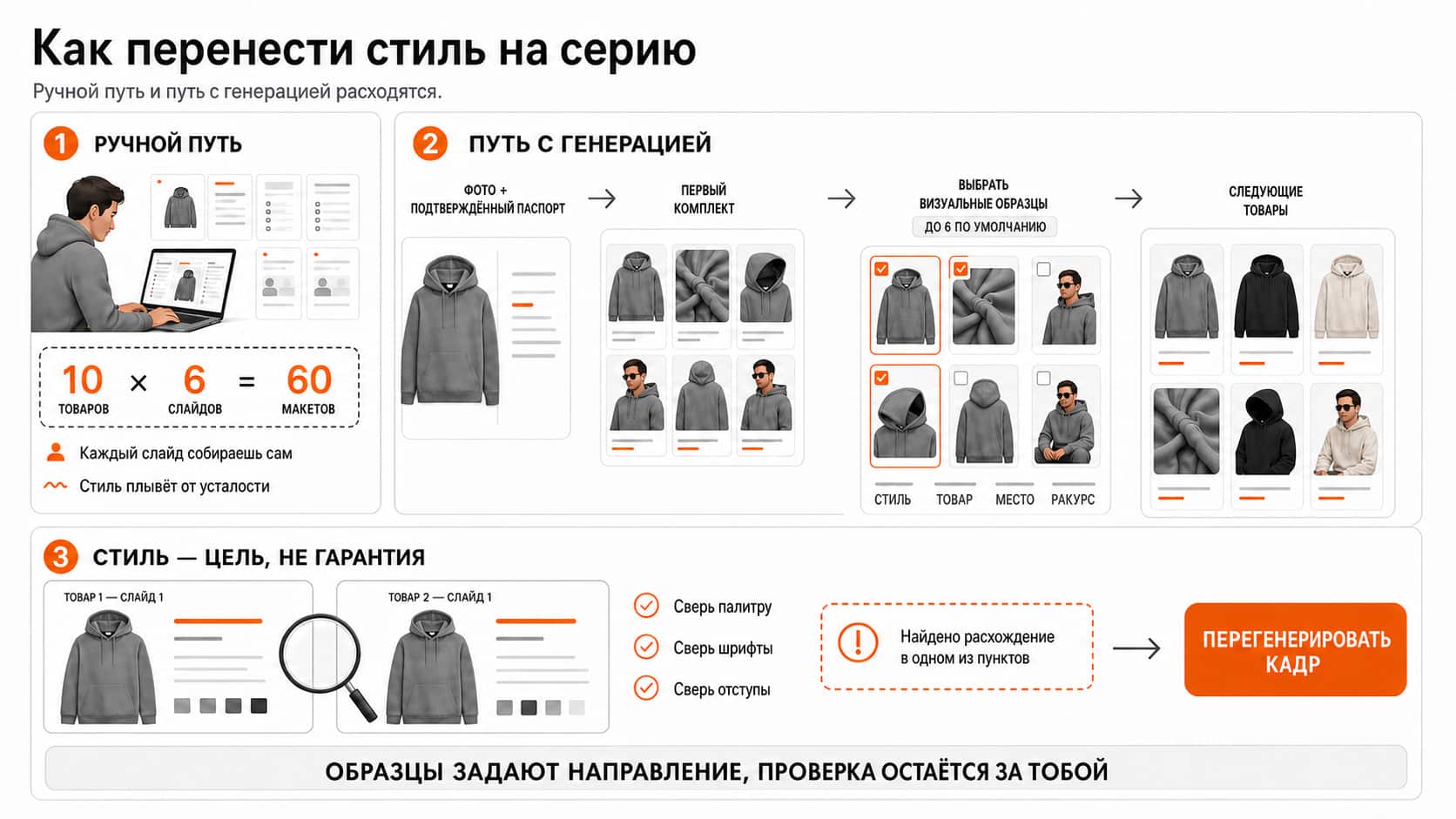 первый комплект, выбор до 6 визуальных образцов по ролям и два новых товара с обязательной проверкой совпадения стиля