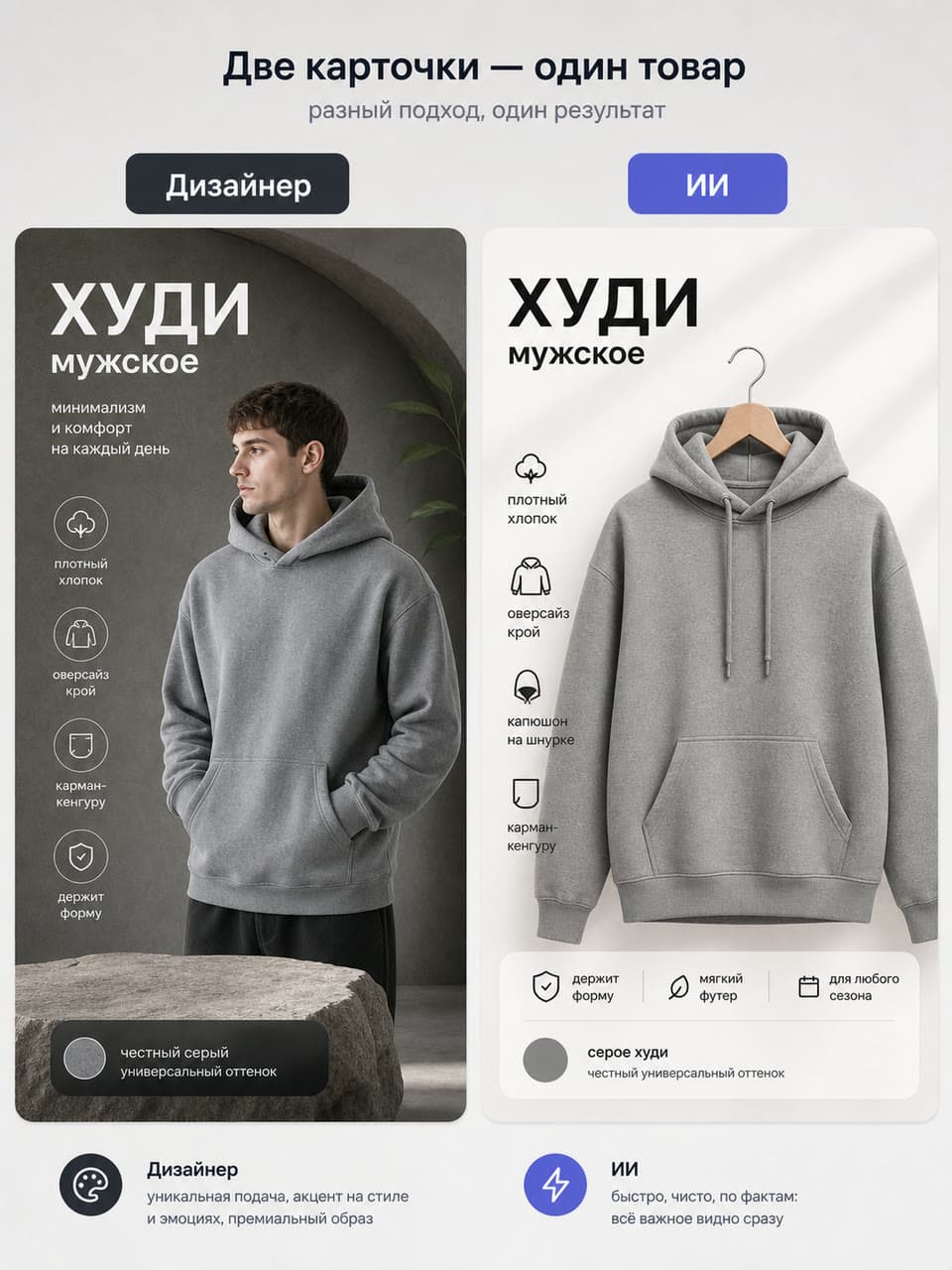 серое мужское худи на сером фоне, рядом две версии карточки, слева «дизайнер», справа «ИИ»