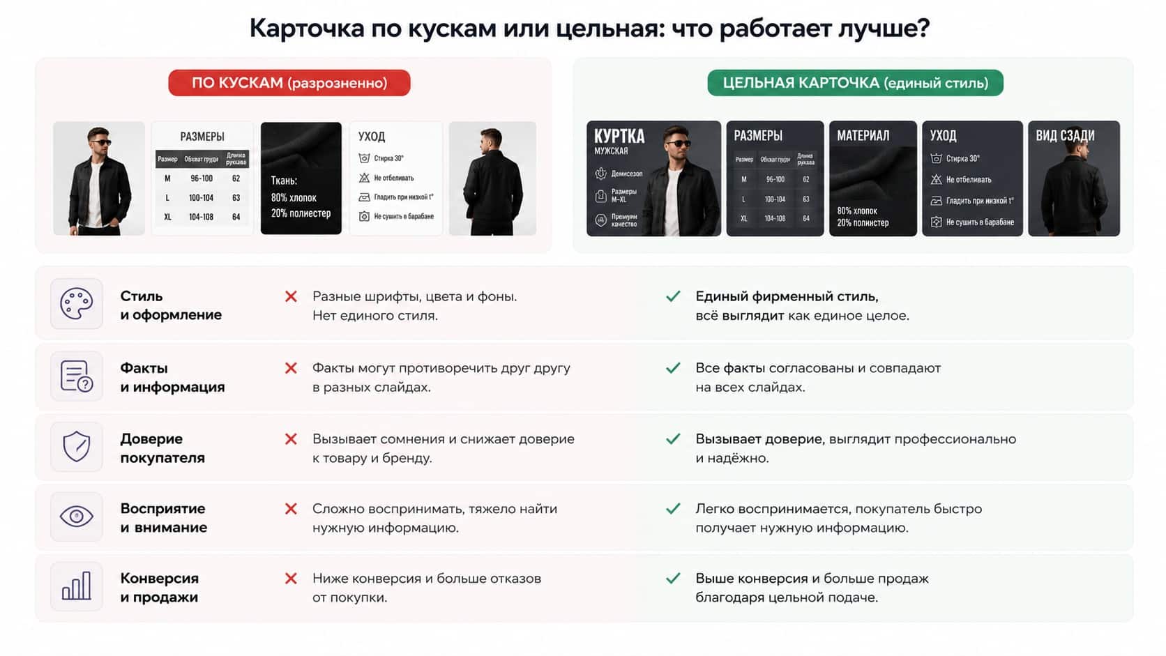 одна цельная карточка против разрозненной, по пунктам