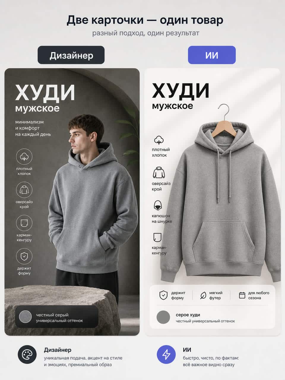 серое мужское худи на сером фоне, рядом две версии карточки, слева «дизайнер», справа «ИИ»