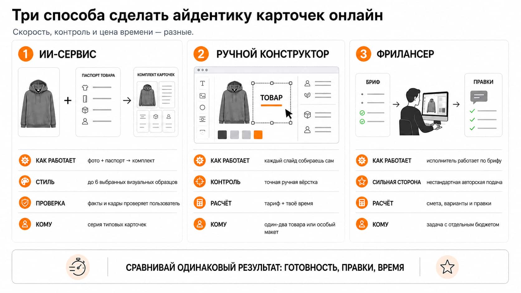 три способа работы — ИИ-сервис, ручной конструктор и фрилансер — с честными критериями без выдуманных цен и сроков